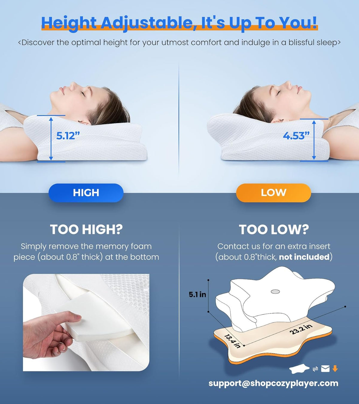 Split view showing high (5.12") and low (4.53") pillow heights with removable memory foam insert