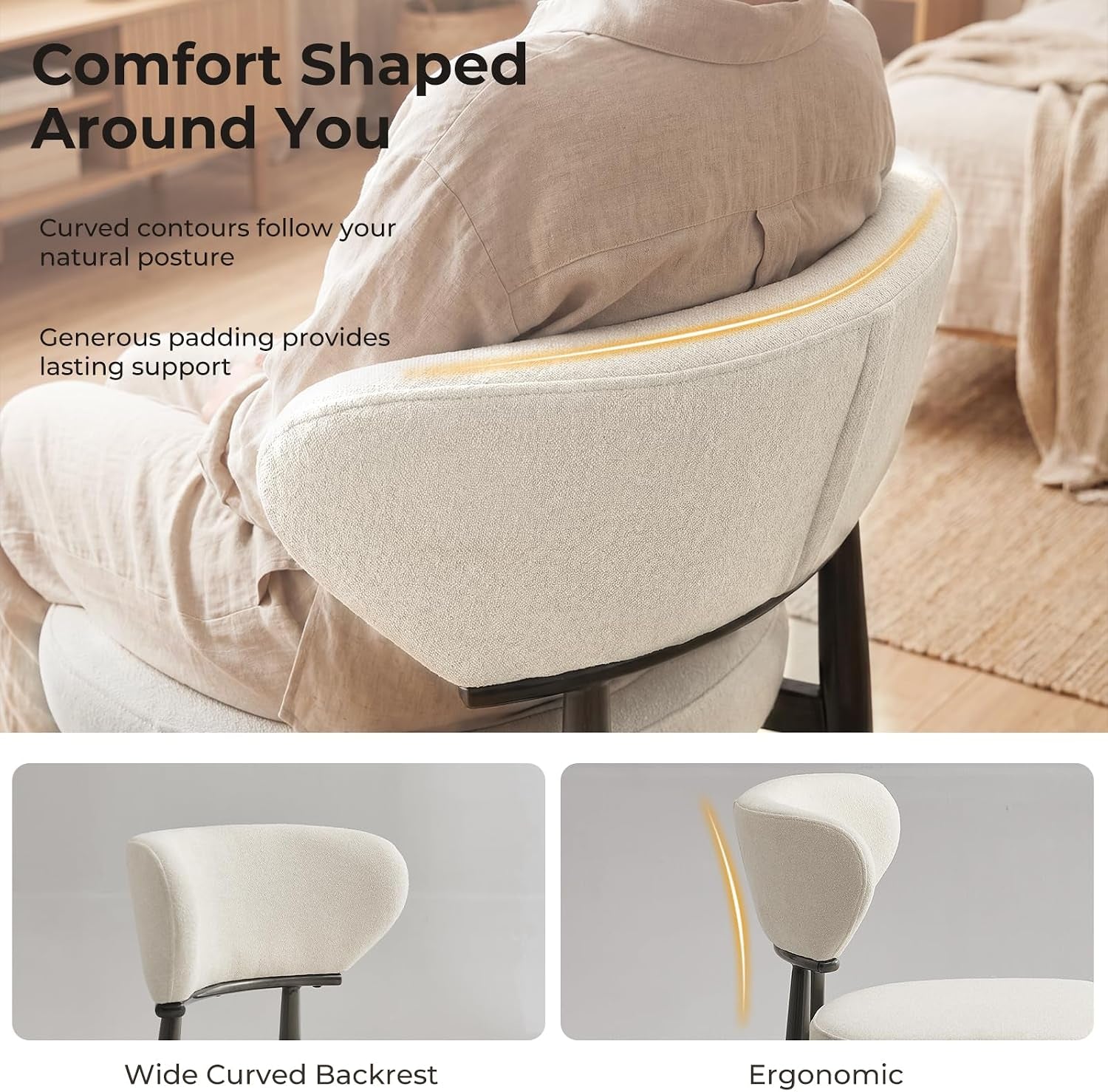 Person seated in a beige chair, with close-up views highlighting the wide curved backrest.