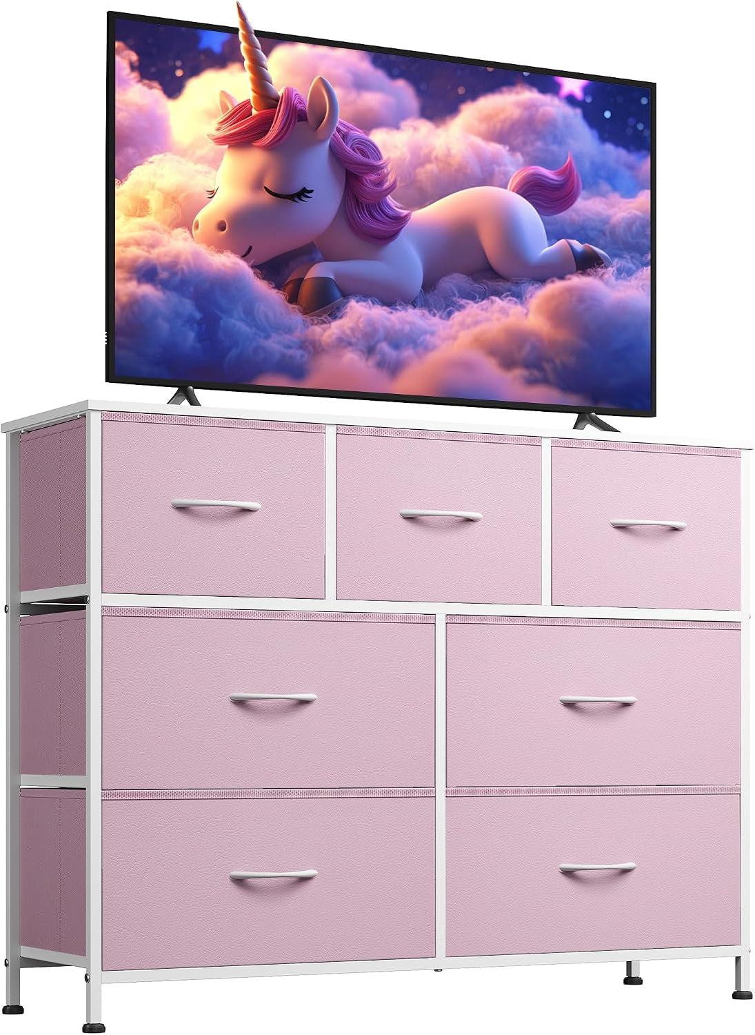 Angled front view of pink fabric-drawer dresser with seven drawers and white metal frame.
