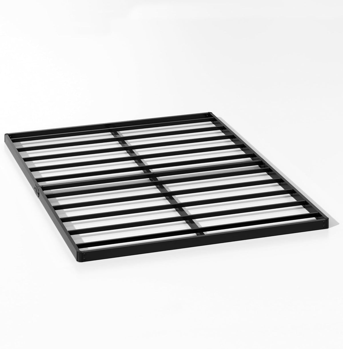 Black metal slatted low-profile box spring frame angled top-down on a white background