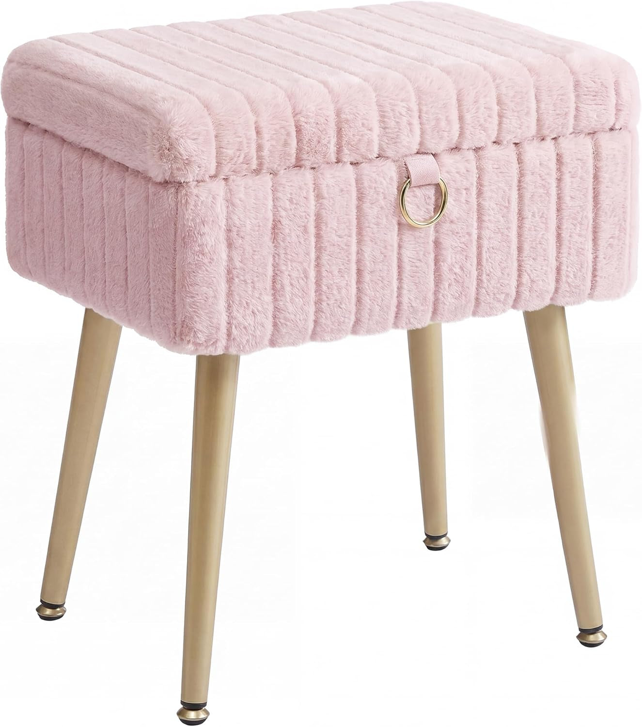 Three-quarter view of a blush-pink short-pile plush storage vanity stool with gold tapered legs.