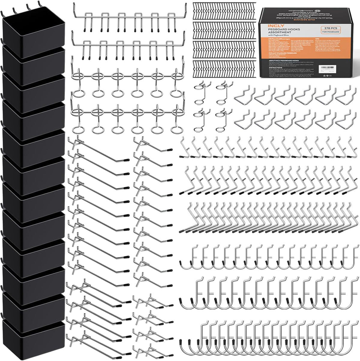 Flat lay of dozens of chrome pegboard hooks and eight stacked black storage bins with the product box at top right.