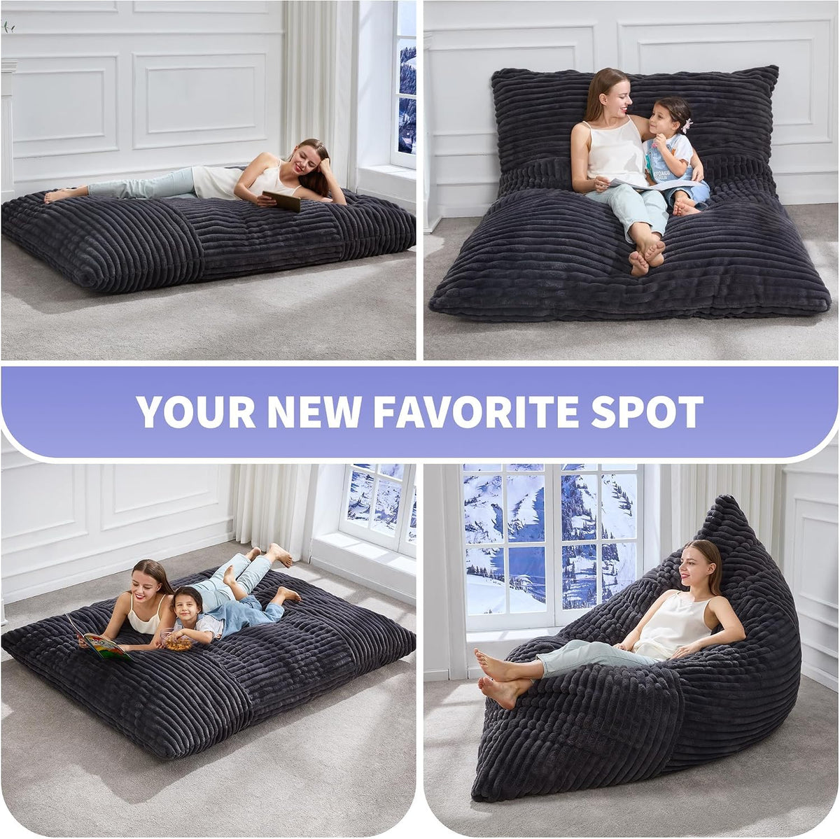 Angled interior shot of the bean bag shaped into a tall backrest lounger placed in a sunlit corner
