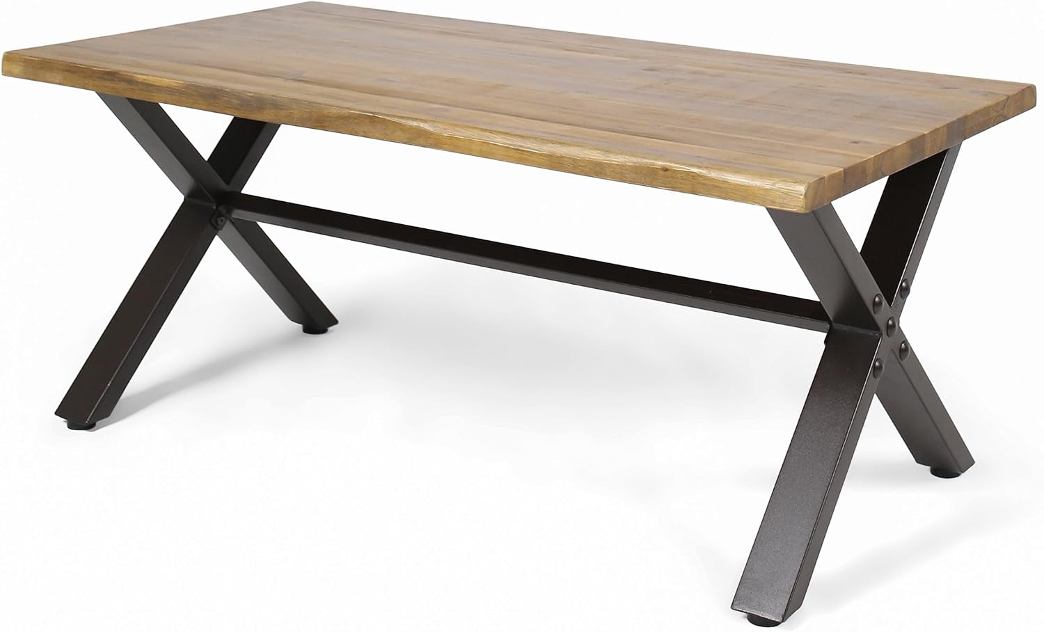 Elevated three-quarter view showing rectangular acacia wood tabletop and X-shaped black metal legs with center stretcher.