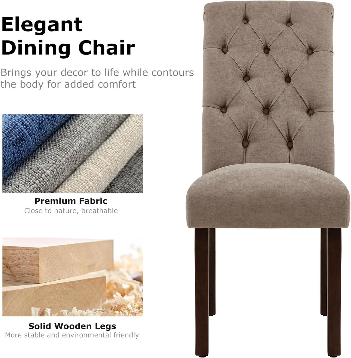 Front view of a single taupe tufted Parsons chair highlighting diamond button tufting and solid wooden legs