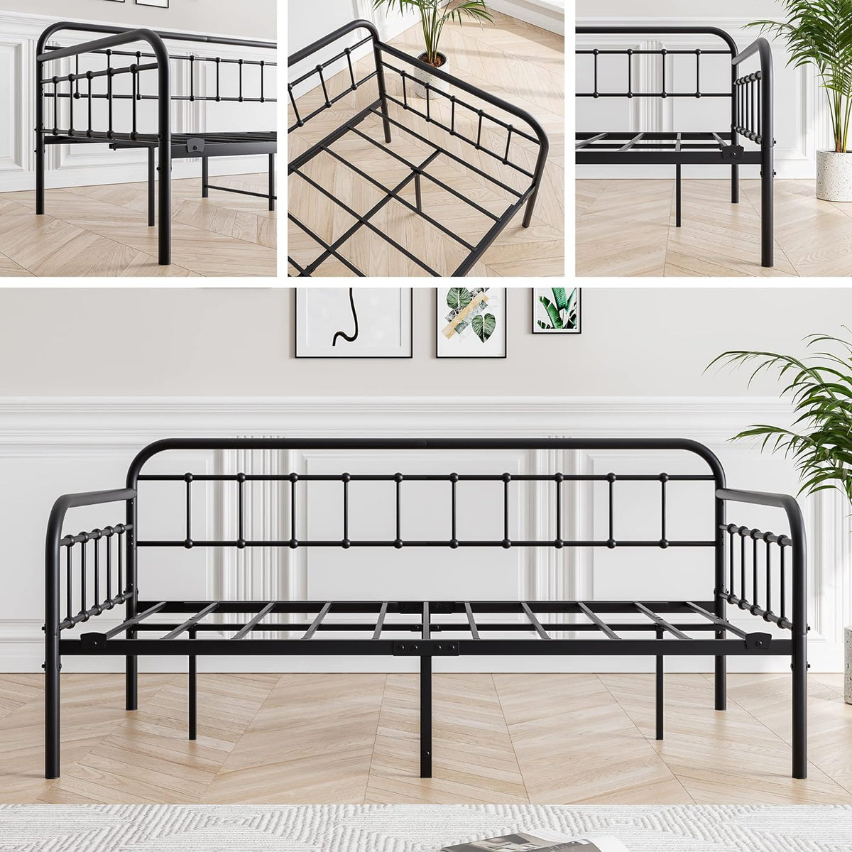 Head-on view of black metal daybed frame showing platform slats, center support leg and Victorian-style railing