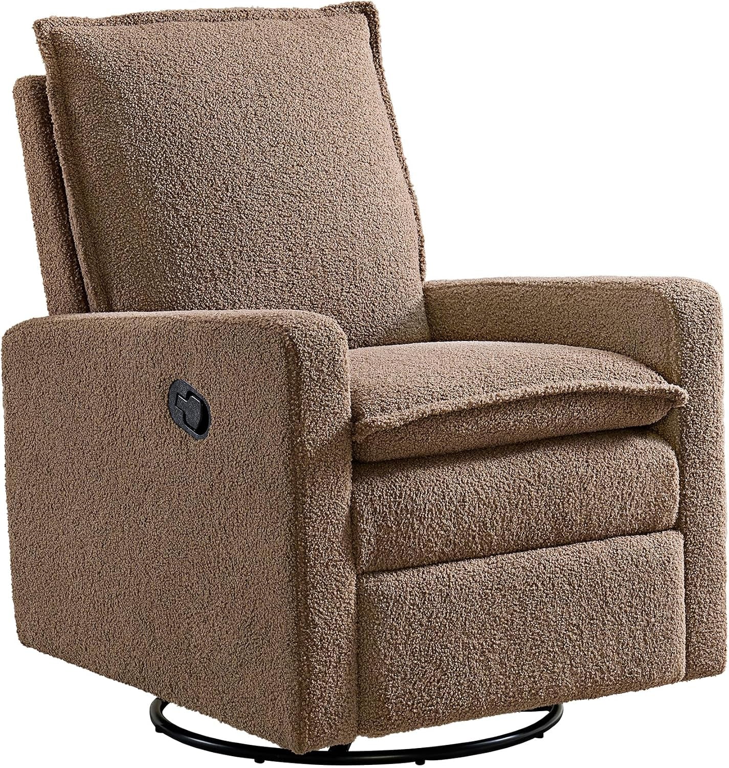 Brown boucle glider recliner on white background, angled to display cushion and swivel base.