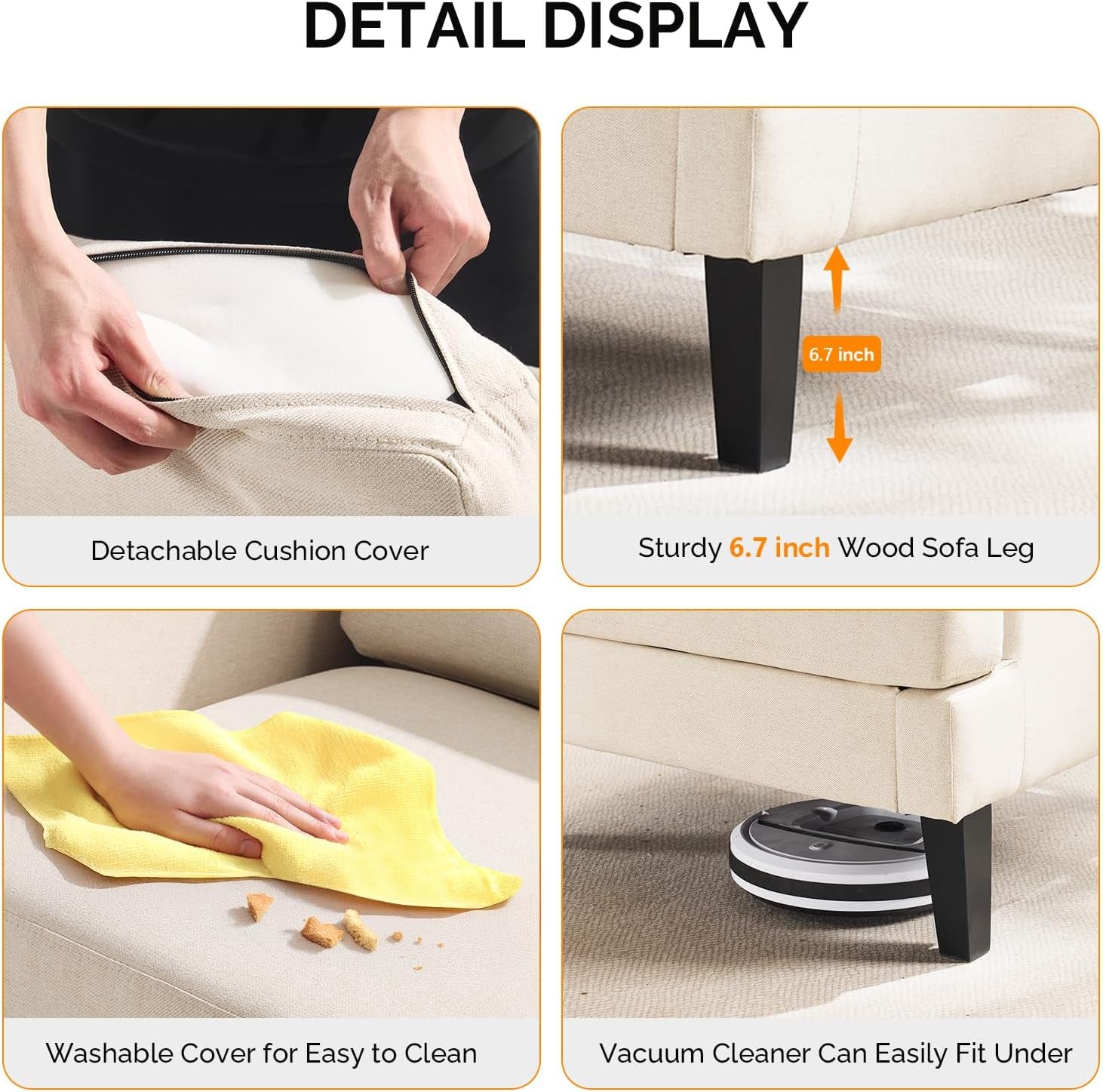 Collage of four close-ups showing removable cushion zip, a black tapered wood leg, wiping crumbs, and a robot vacuum under