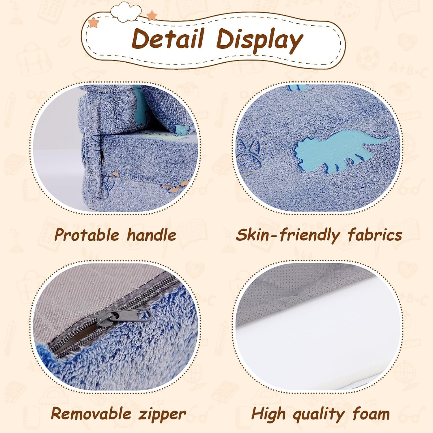 Four circular close-ups showing a fabric handle, plush patterned cover, a zipper, and foam interior