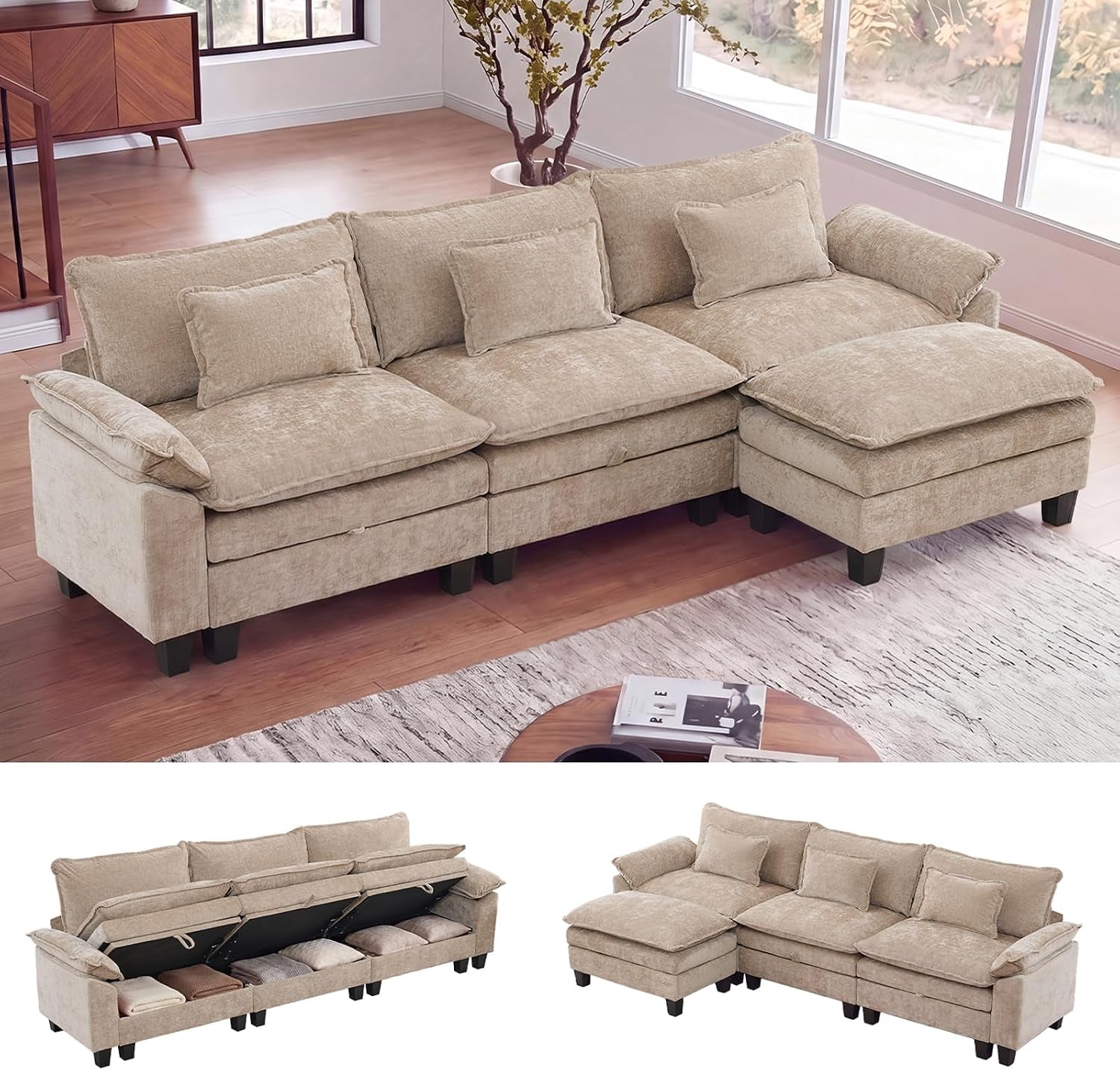 Beige modular sectional with chaise-style ottoman in a sunlit room, thumbnails below show hidden storage and alternate setup