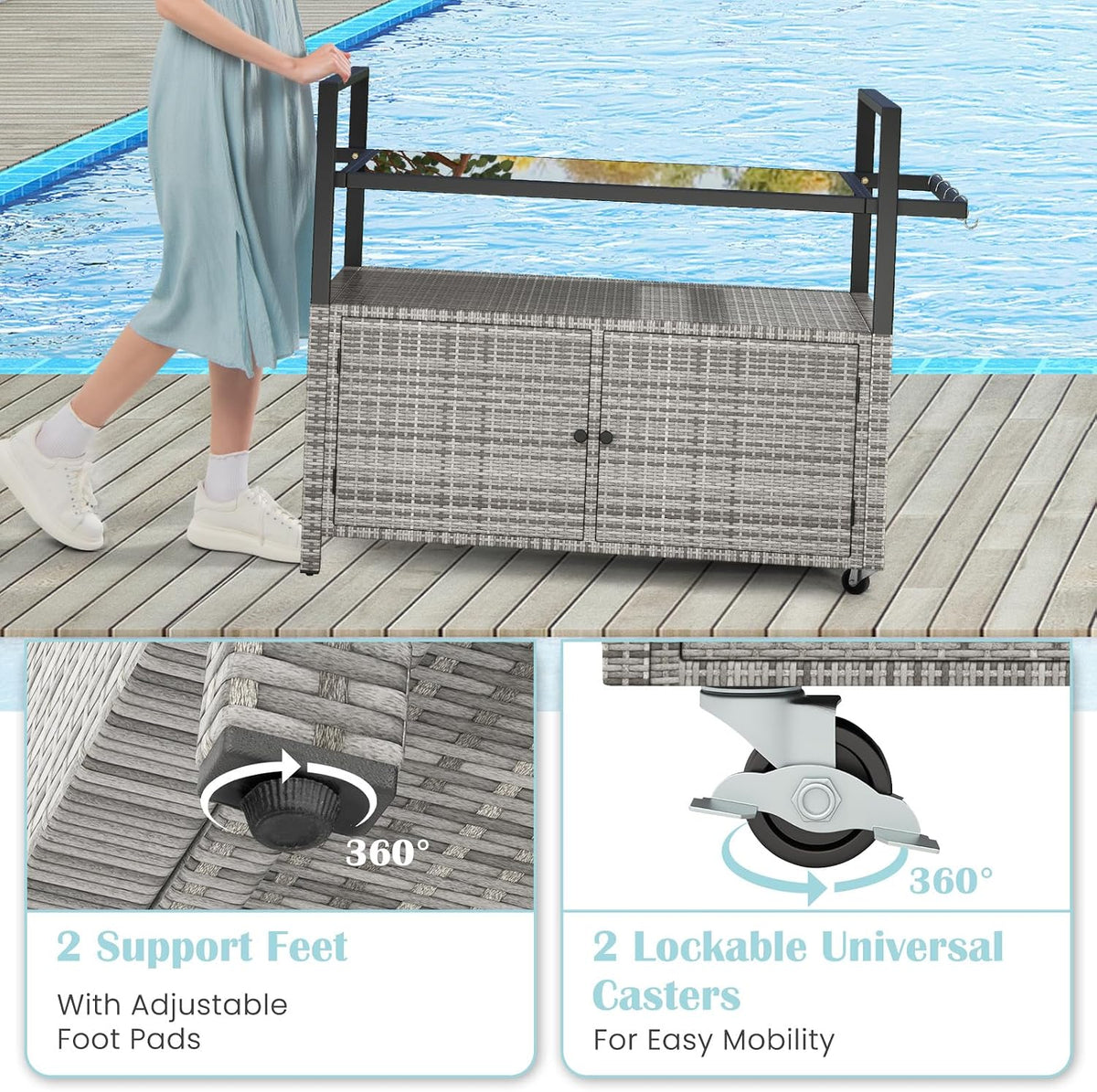 Gradient gray rattan cart beside a pool with a person pushing it and caster and foot pad detail panels
