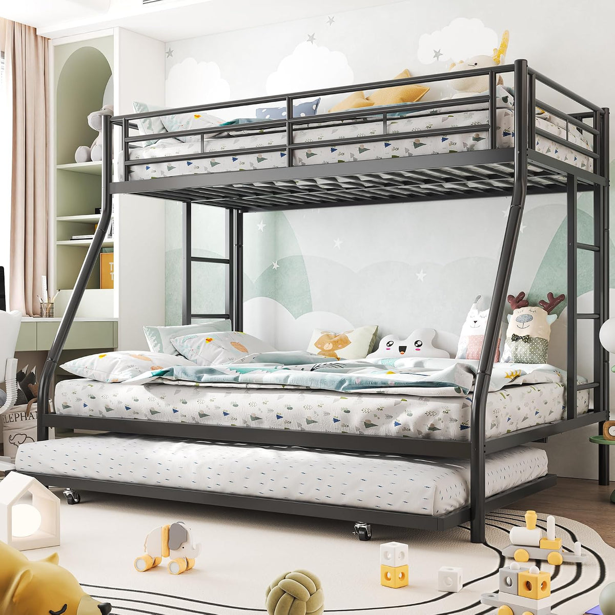 Black metal twin-over-full bunk bed with trundle in a children's bedroom, toys on rug in foreground.