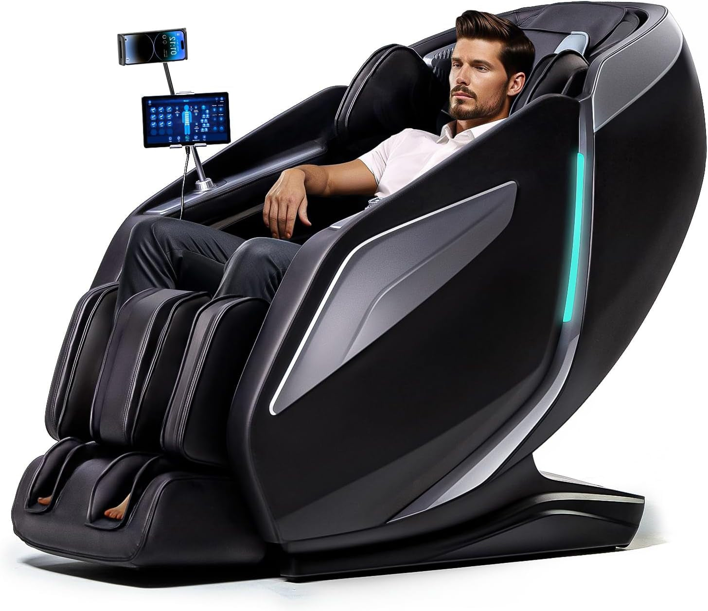 Black full-body massage chair angled side view with a man seated and visible foot and calf sections