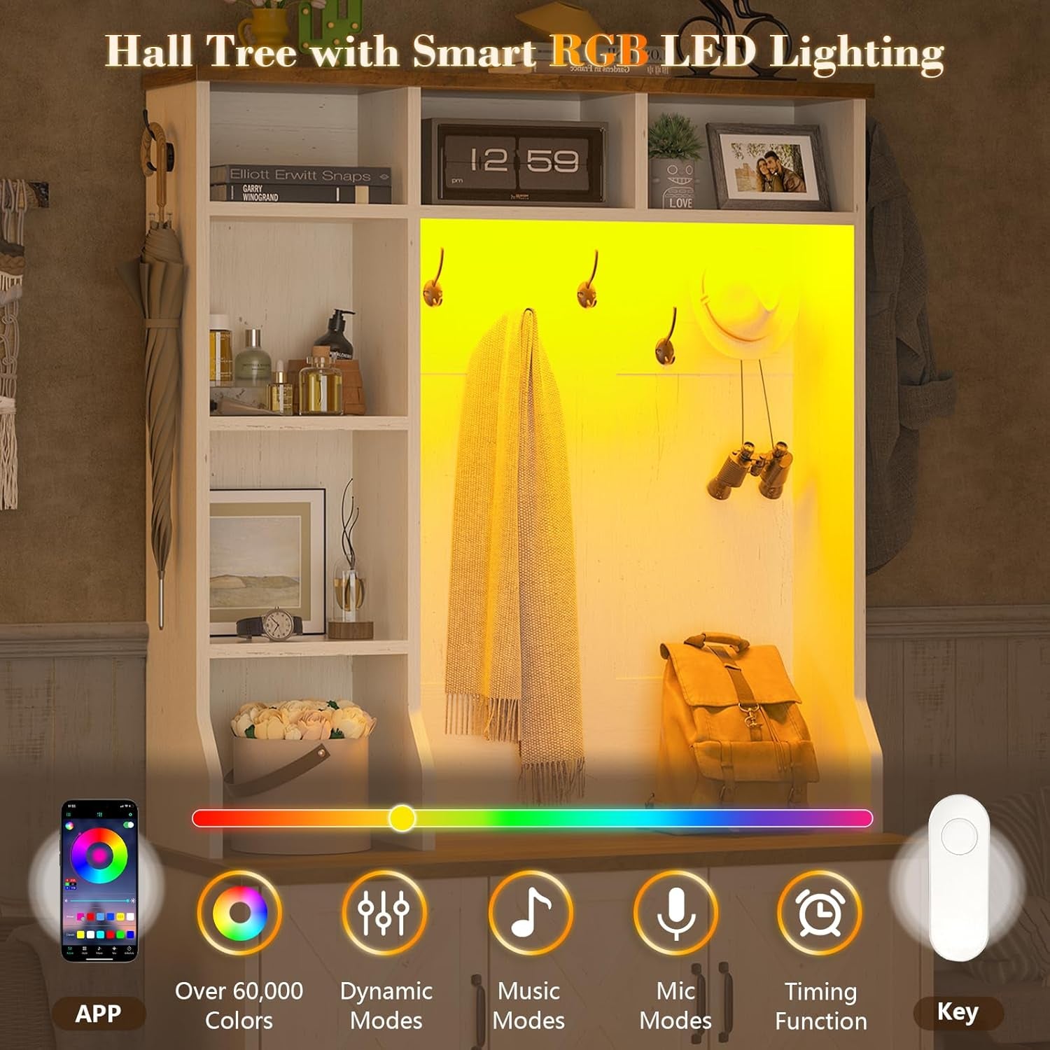 Close-up marketing graphic showing the hall tree interior lit in warm yellow with app and control icons below