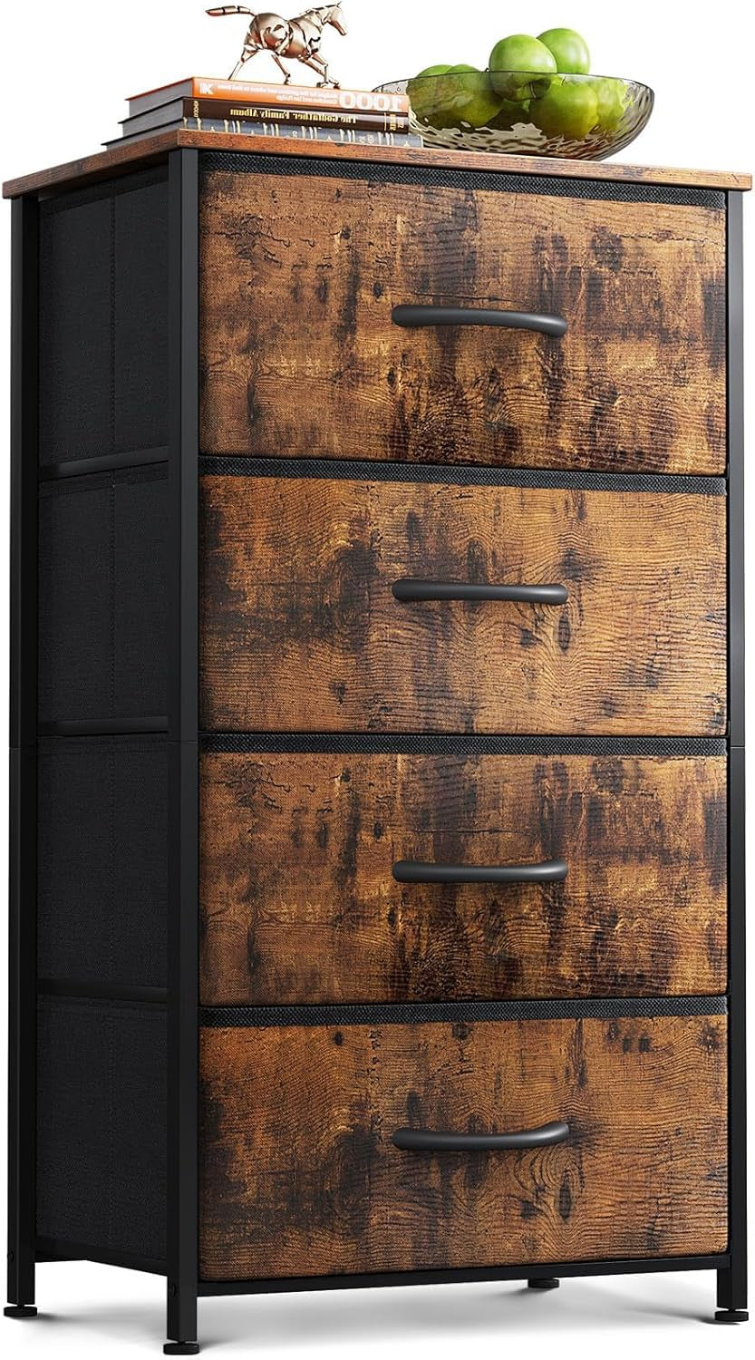 Narrow four-drawer dresser with rustic wood-look drawer fronts and black frame.