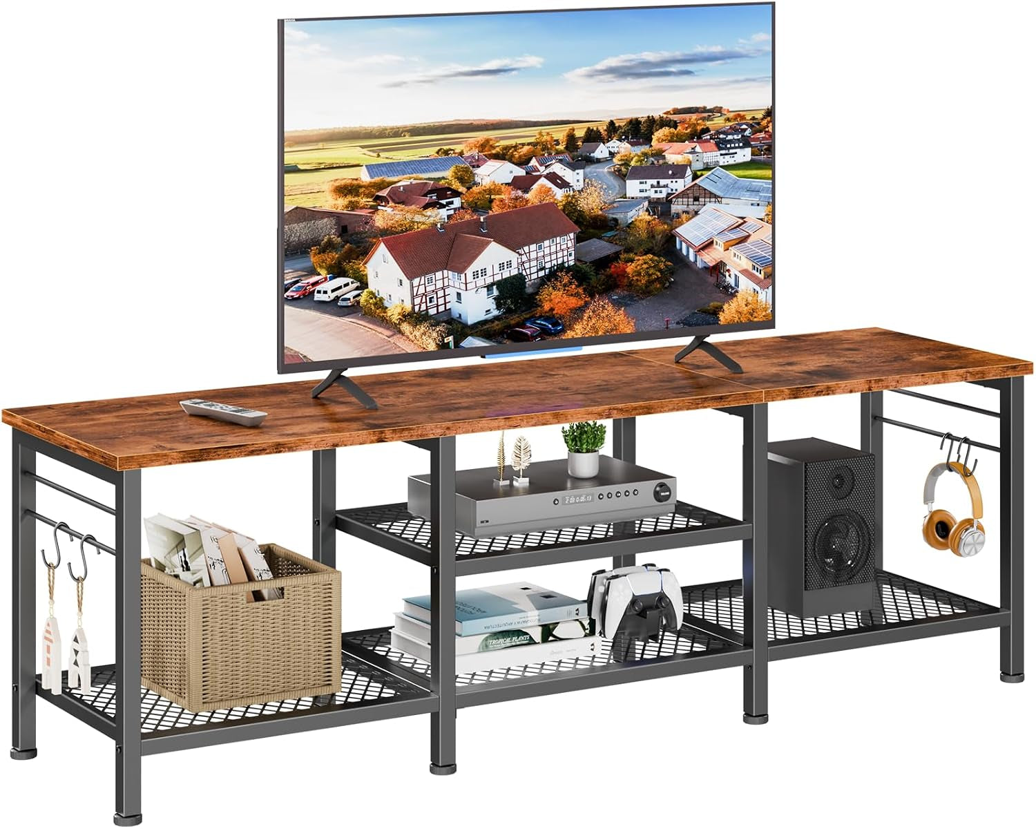 Long metal-framed TV console with brown wood top, open mesh shelves and accessories
