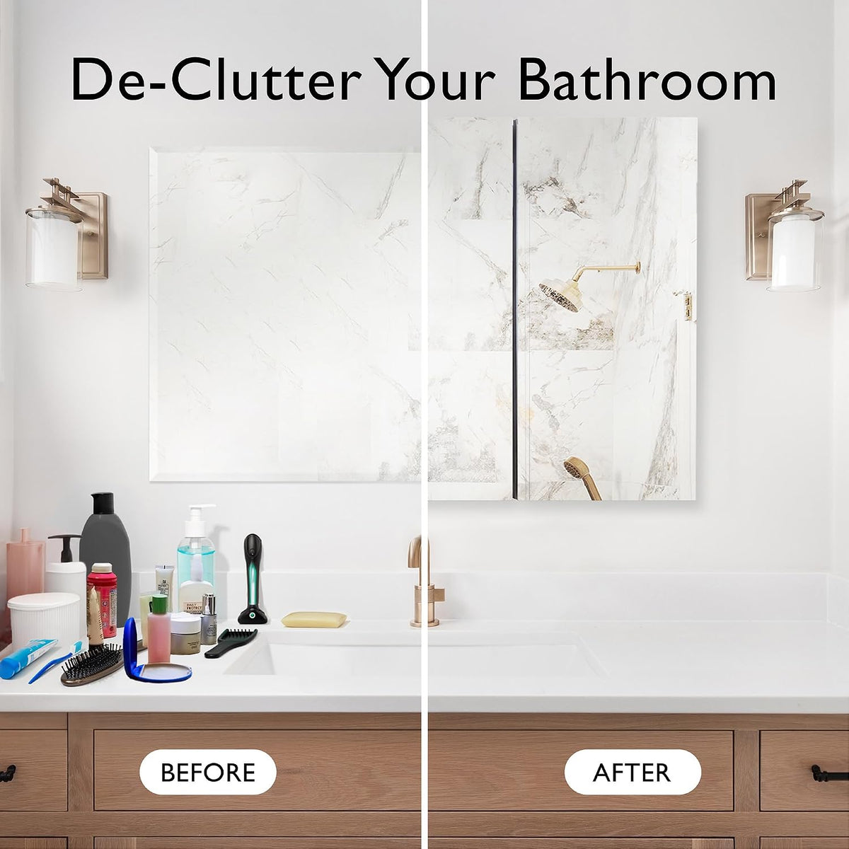 Split bathroom scene showing cluttered sink on left and tidy sink with mirrored cabinet on right