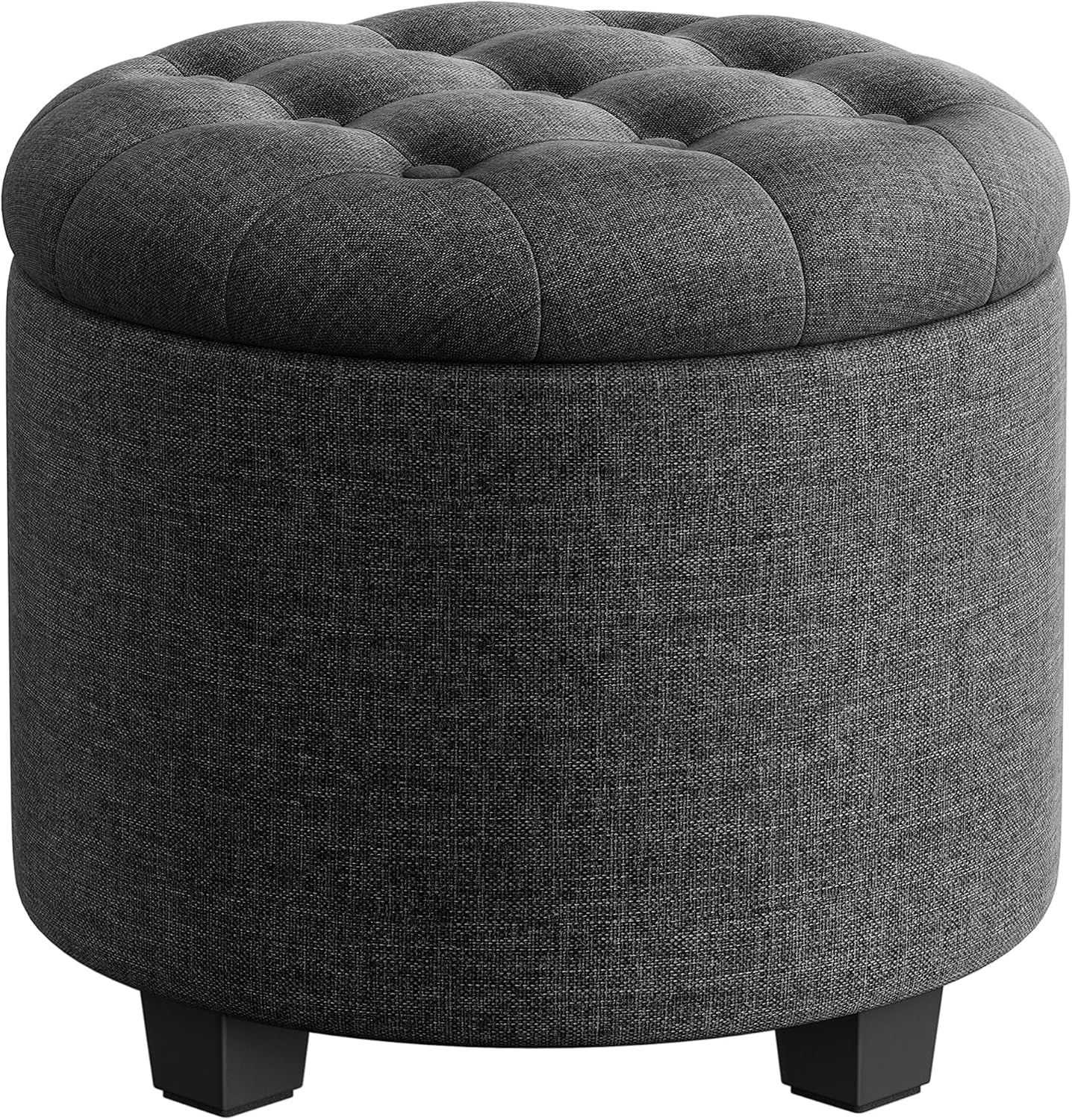 Dark gray round tufted storage ottoman front angled view showing fabric texture and short legs