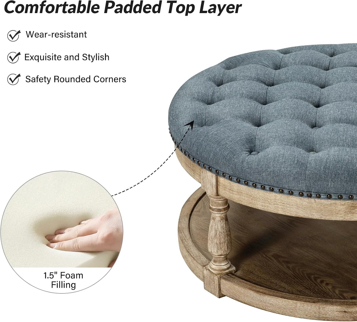 Side view close-up of padded tufted top and wooden turned leg with the lower display shelf visible underneath