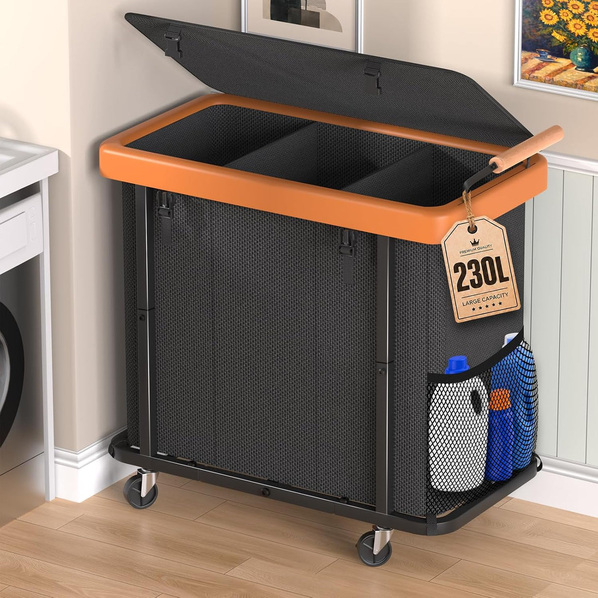 Hamper placed beside laundry area with lid propped open, orange trim and wooden handle visible