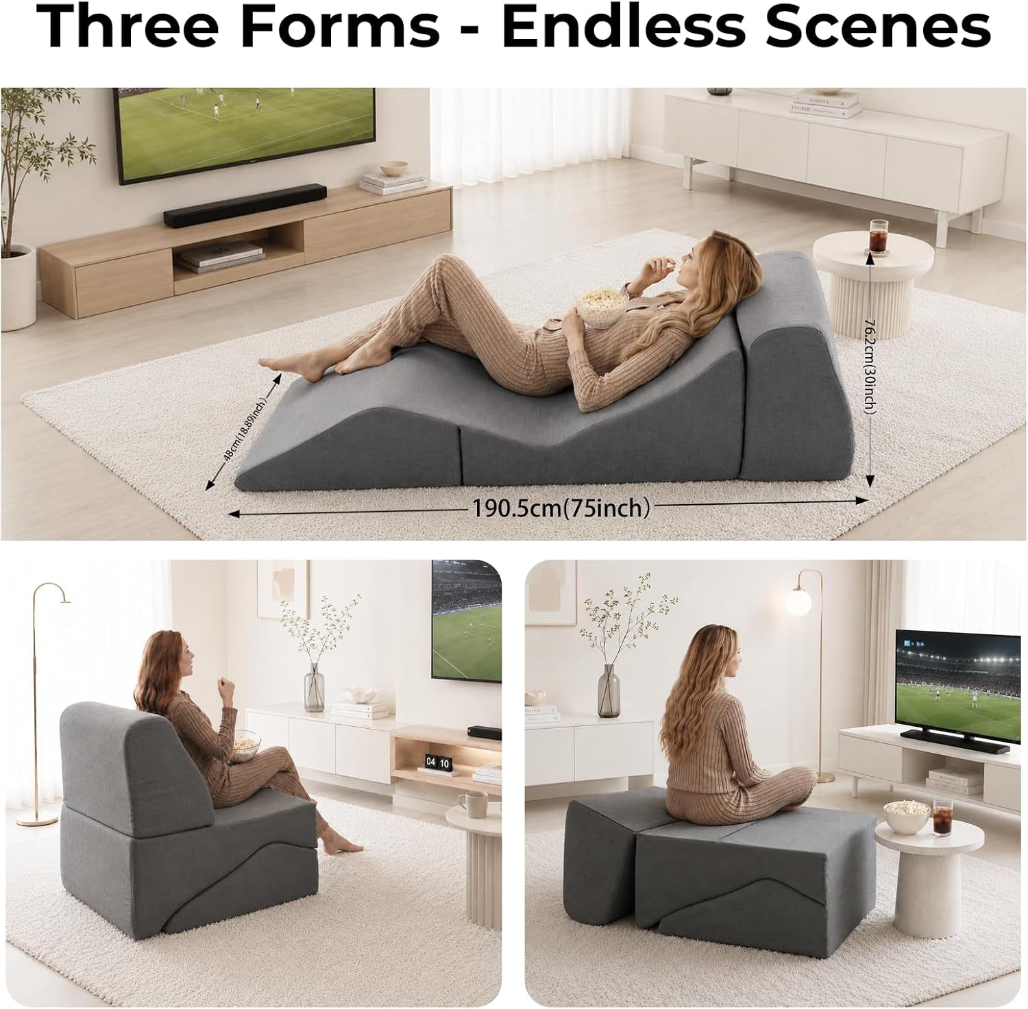 Main room shot of a gray three‑section convertible chaise lounge reclined on a light rug with a woman relaxing and a TV