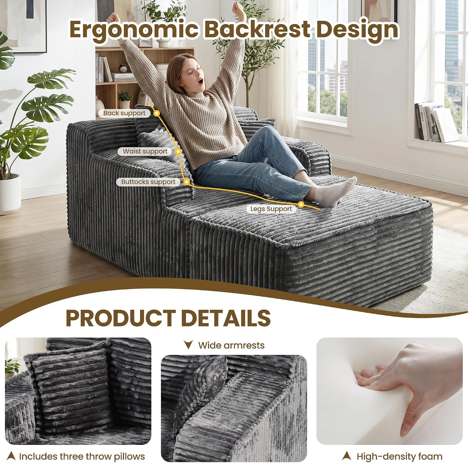 Side view of a woman reclining on a gray corduroy chaise with illustrated support points along her back and legs