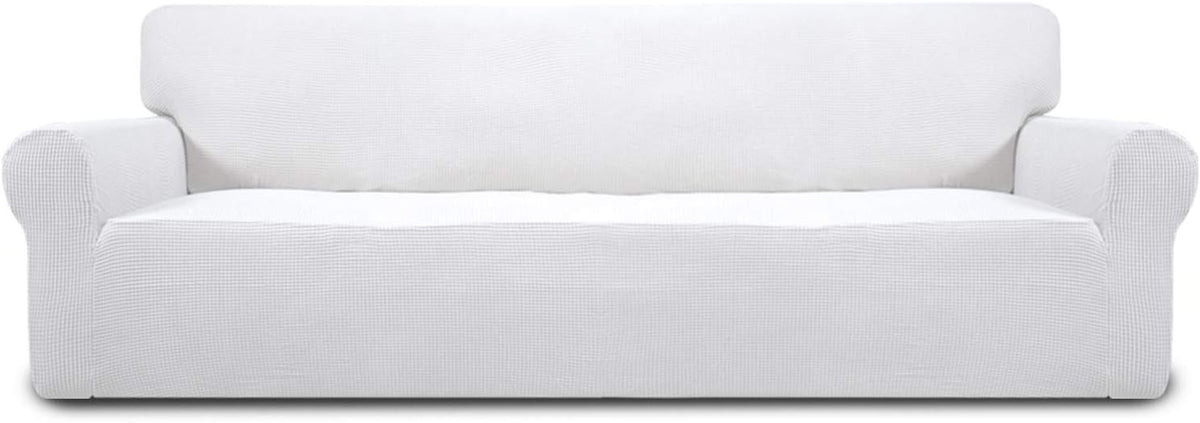 Close-cropped front view of a white loveseat cover highlighting seat and arm contours against a white background.