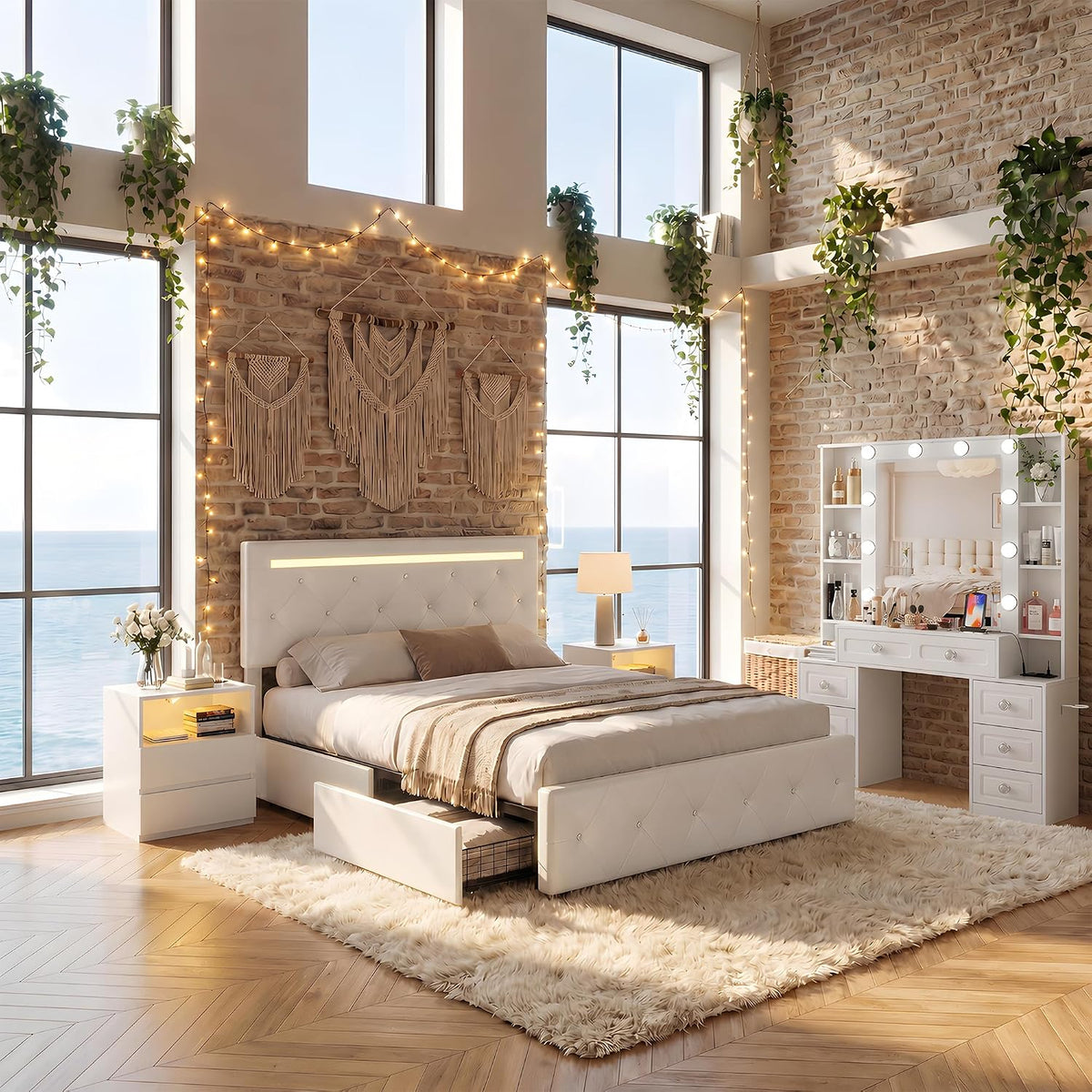 Bright bedroom scene with a white upholstered bed, matching nightstands and vanity by a window