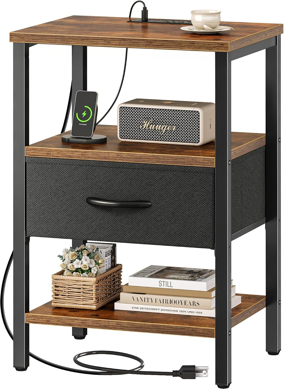Front view of a three-tier nightstand with wood top, metal frame, fabric drawer and charging cord coiled at base.