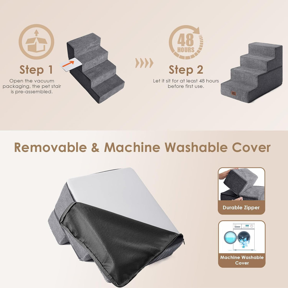 Close-up of the gray step with its cover partly unzipped to show the foam core and washable cover