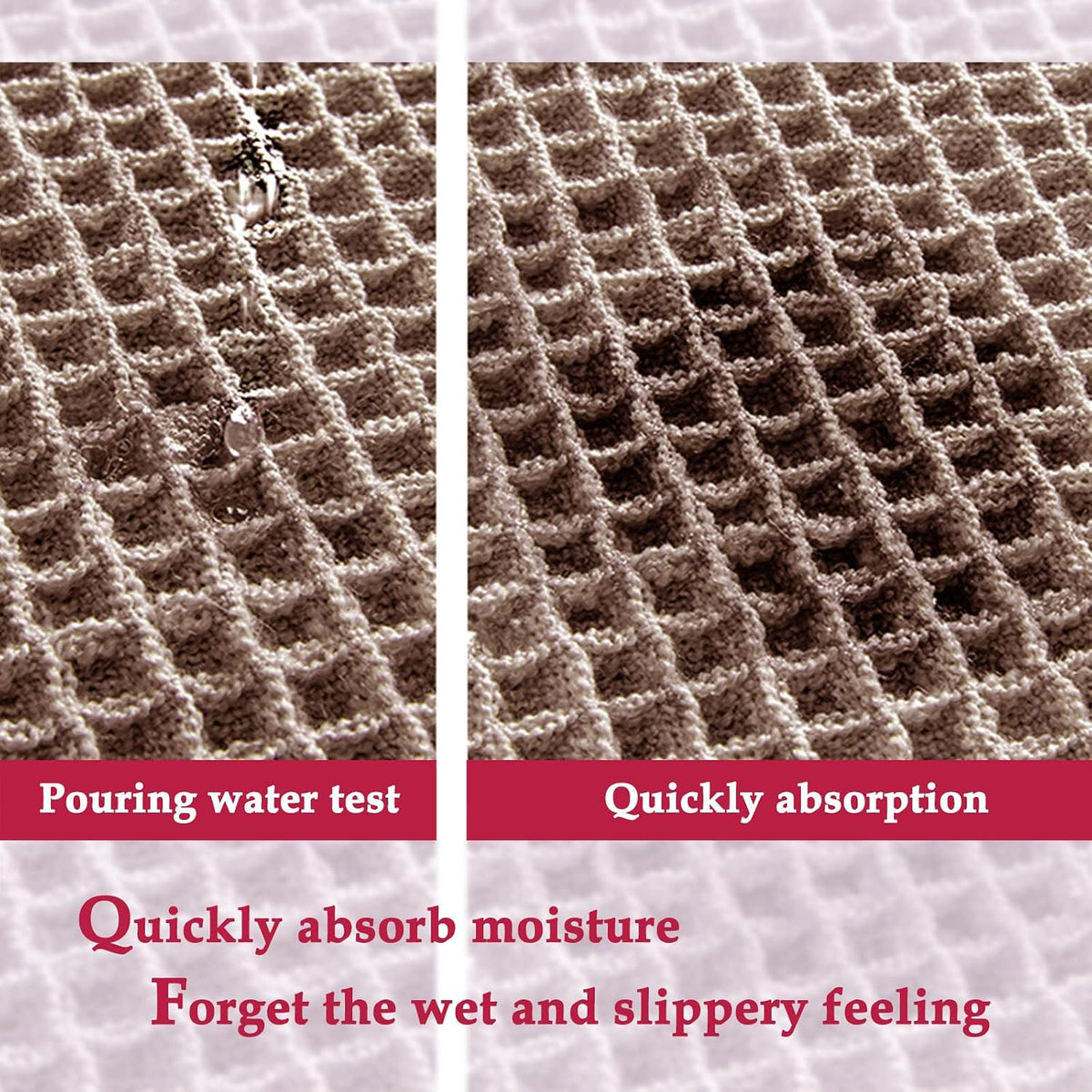 Close-up of a brown waffle bath mat with water droplets and absorption graphics