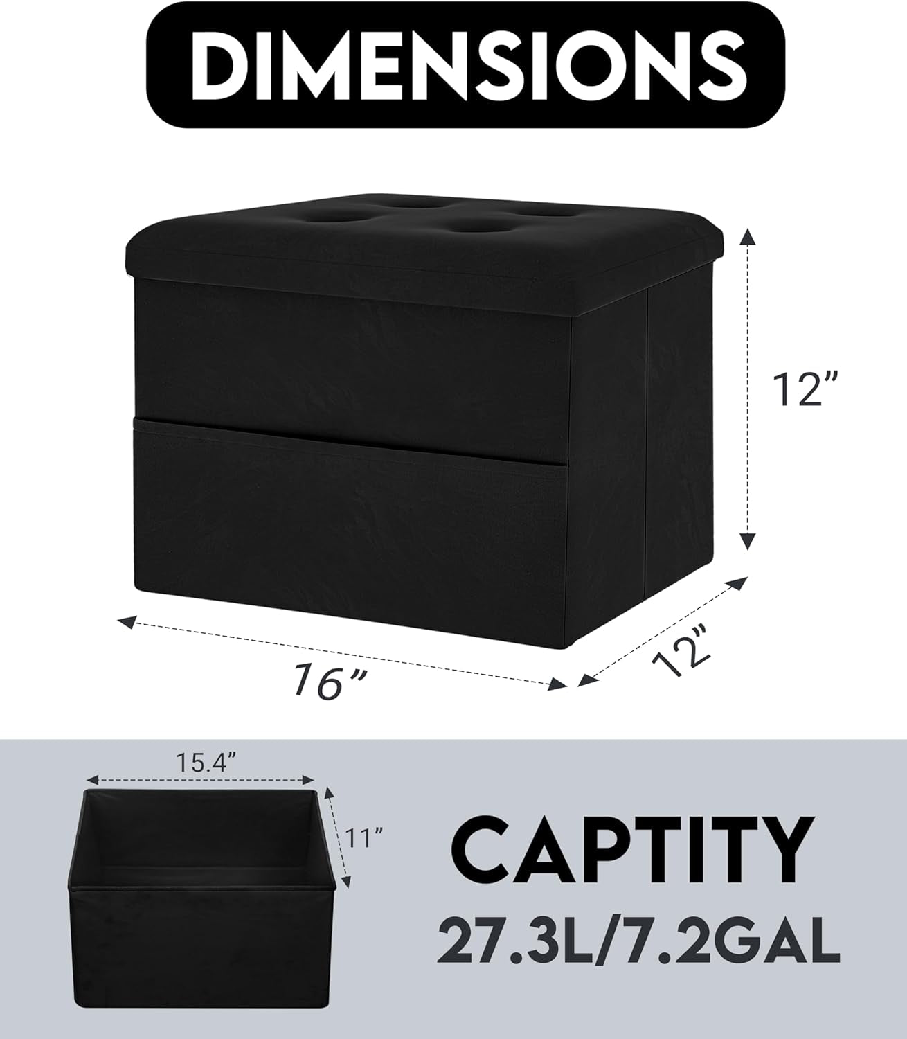 Graphic showing ottoman dimensions 16" x 12" x 12" and interior capacity 7.2 gallons with inner box view