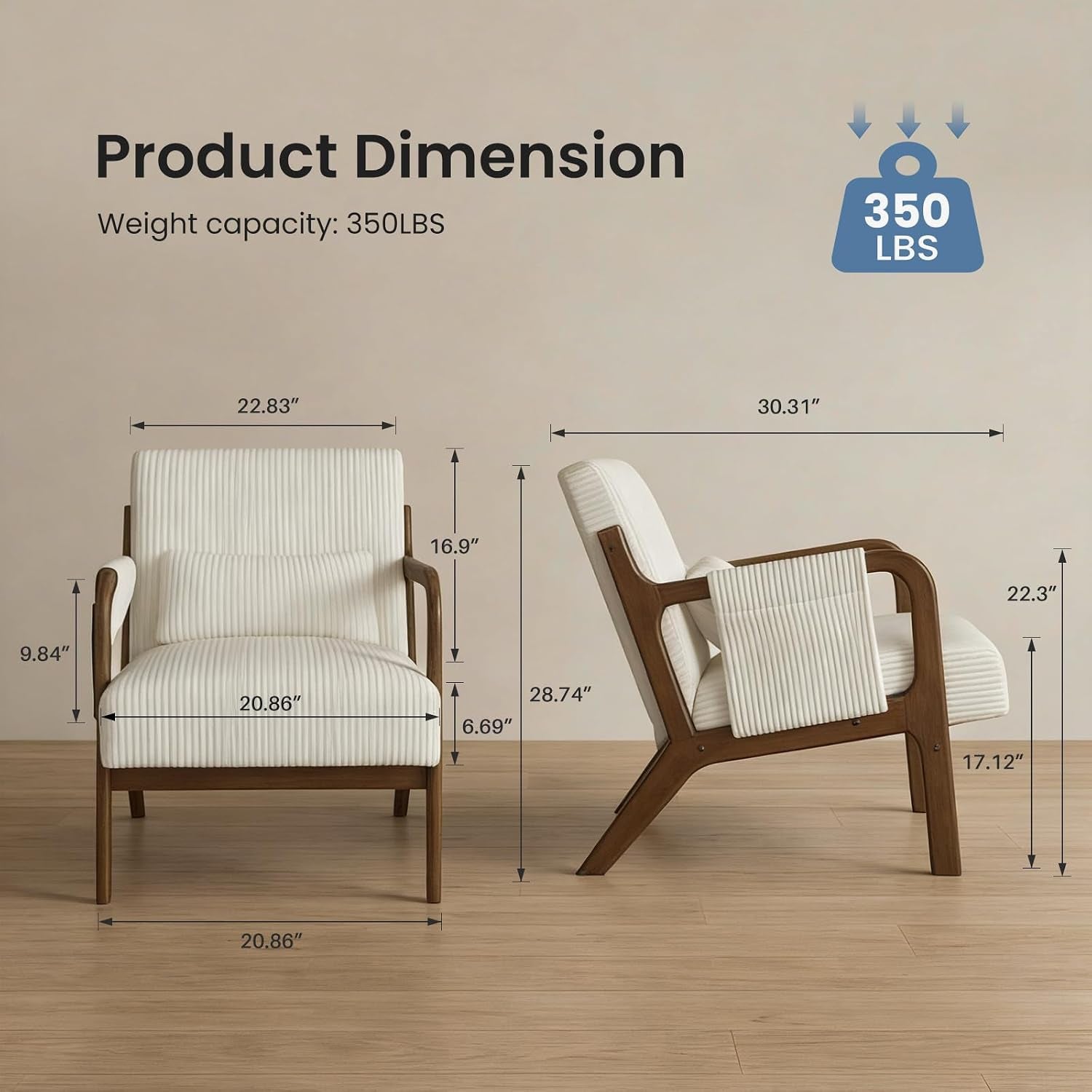 Front and side view measurements diagram of the accent chair showing dimensions and 350 lb weight capacity