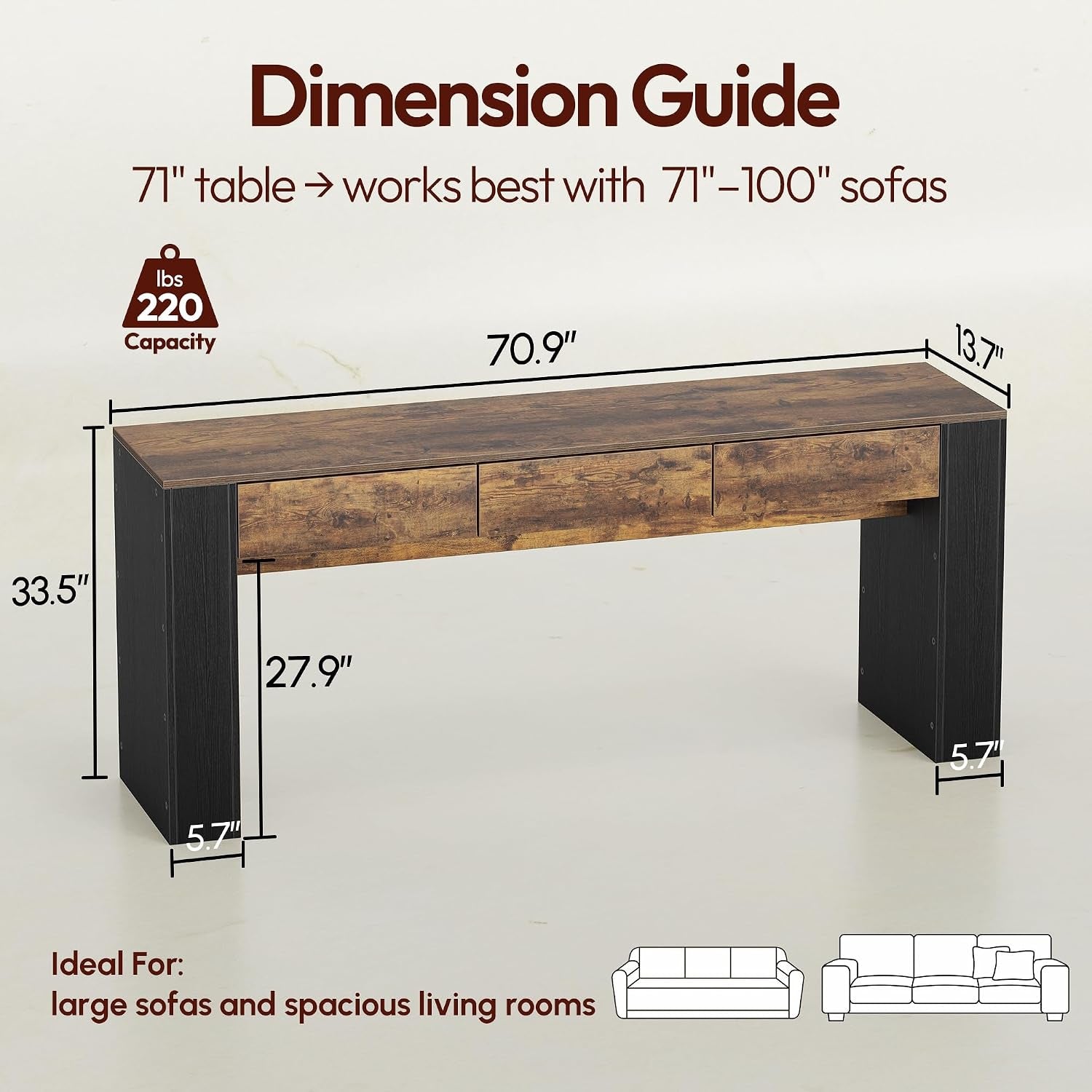71-inch console table diagram showing top length, depth, height and 220 lb capacity with rustic wood top