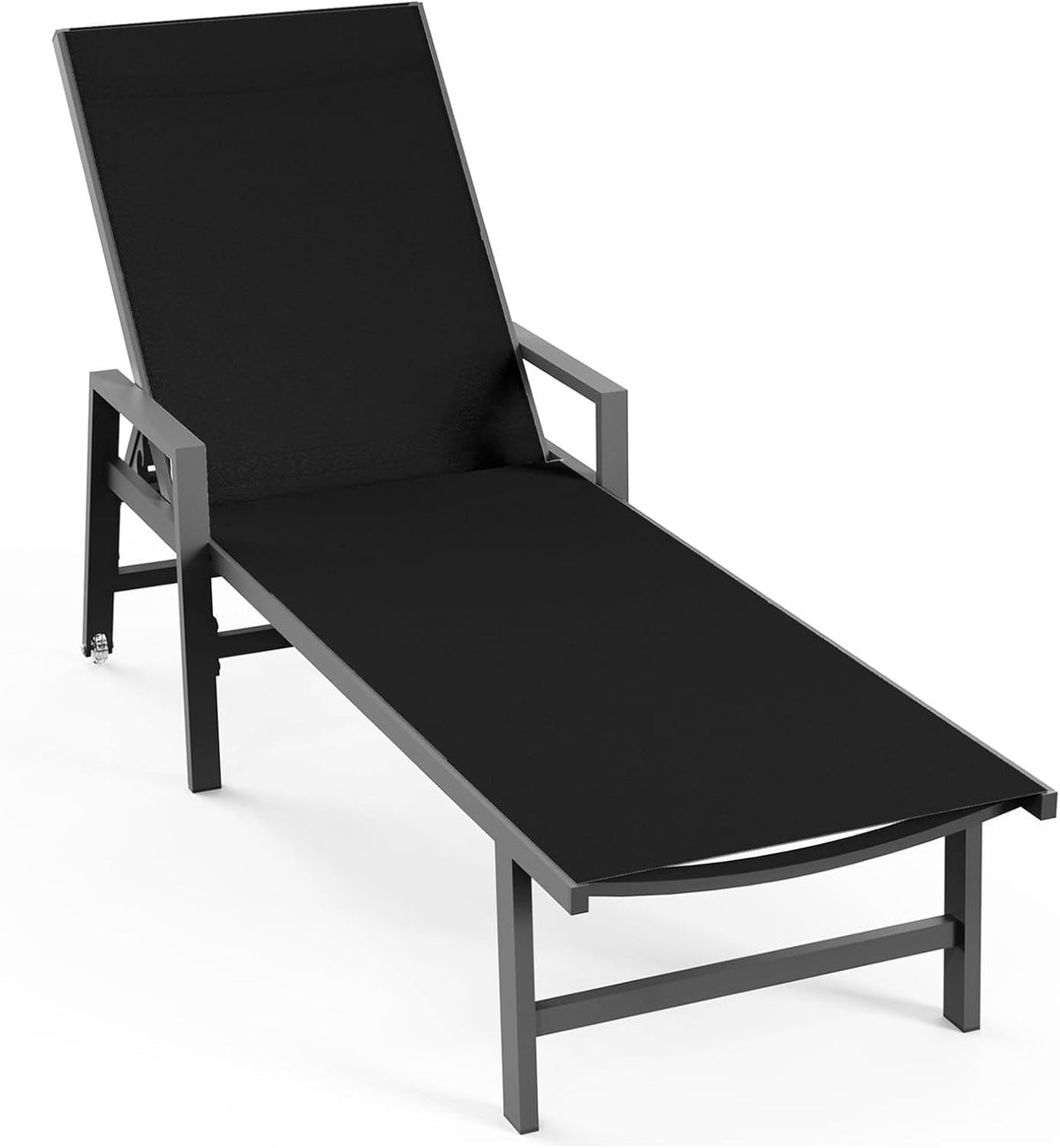 Single black chaise lounge angled slightly left highlighting the armrests and front rail curve.