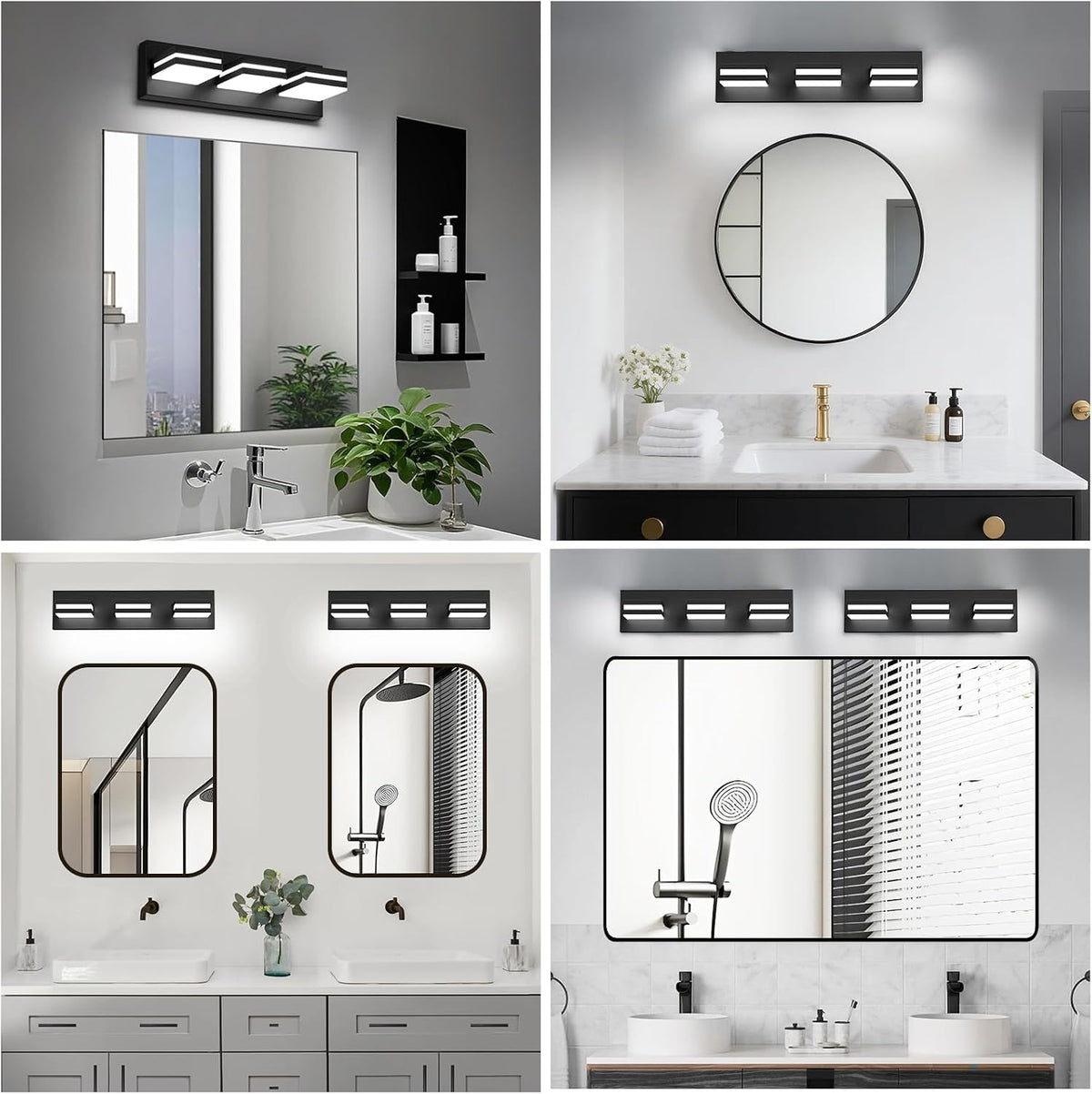 Four photographic bathroom setups showing the same three-light rectangular LED vanity fixture above different mirrors.
