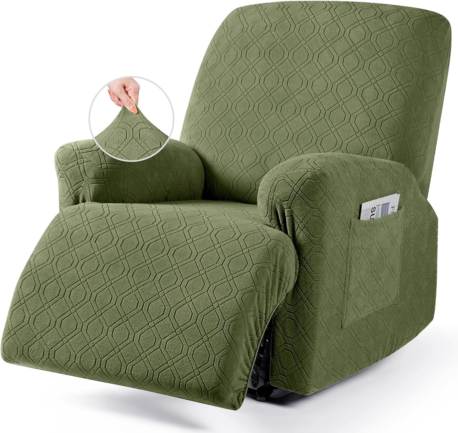Close-up of single recliner covered in textured olive green slipcover with arm pocket and fabric stretch demo.