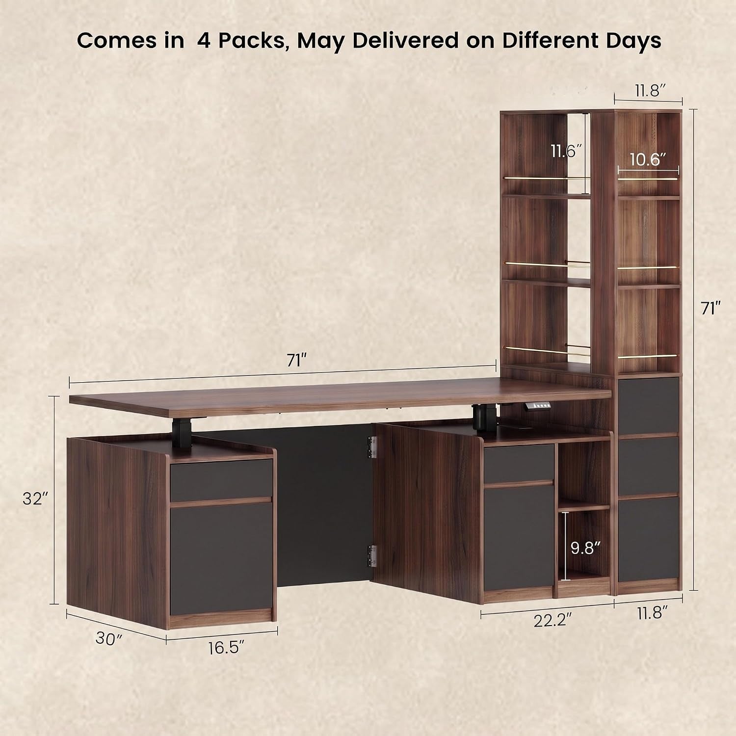 Rendered diagram of the desk and tall bookcase with dimensional callouts and a neutral background.