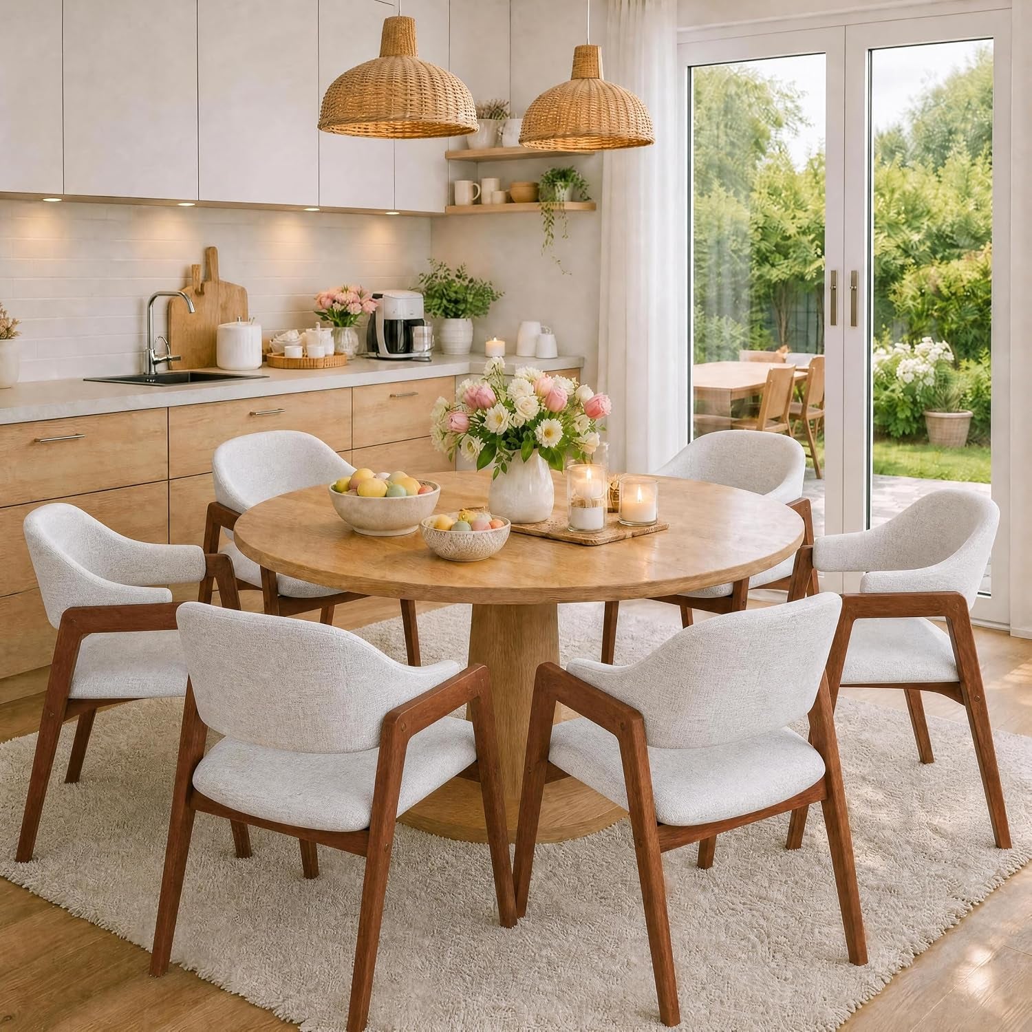 Set of six light-gray upholstered chairs arranged around a large round wooden table under woven pendant lights.