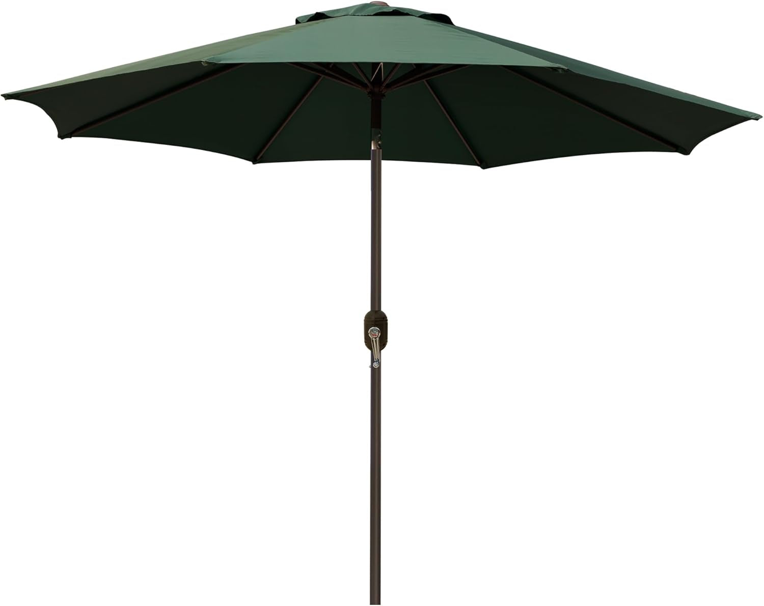 Front view of a dark green patio umbrella with its canopy open and a brown pole and crank.