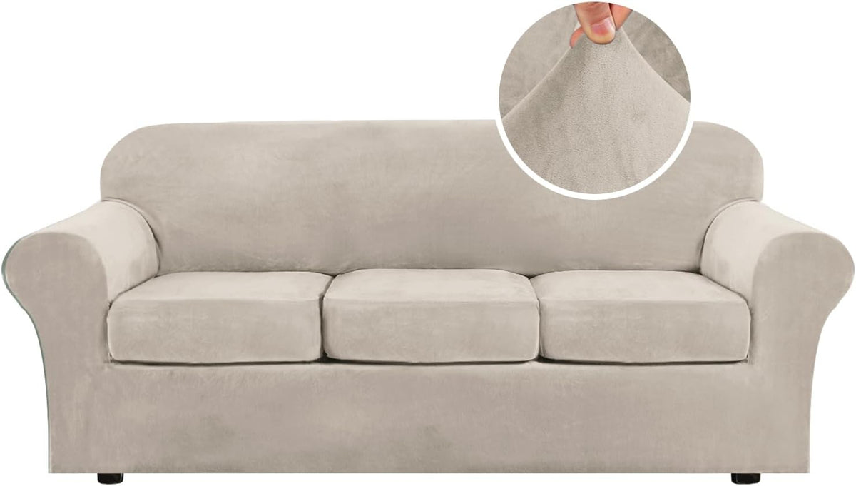 Front view of a light gray three-cushion sofa with a top-right round inset of the soft velvet fabric being stretched