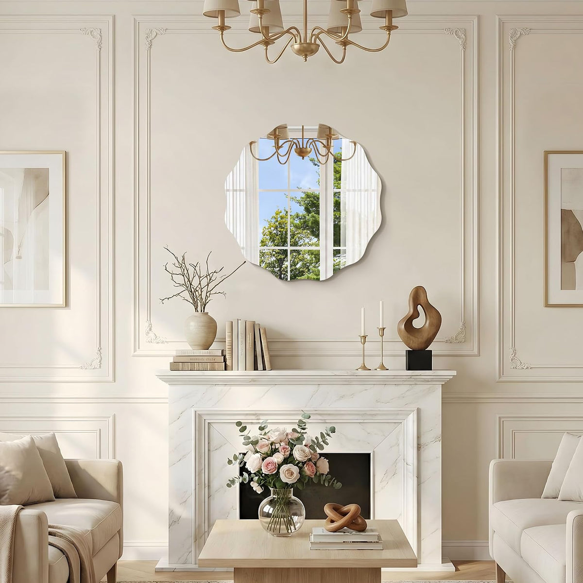 Scalloped frameless mirror centered above a mantel in a neutral living room with chandelier reflection