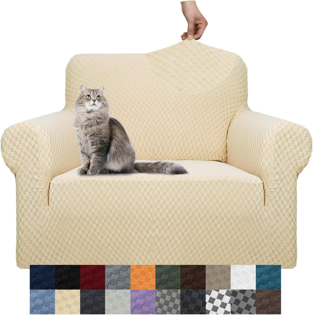 Beige jacquard stretch slipcover on single armchair with a grey cat and color swatches below