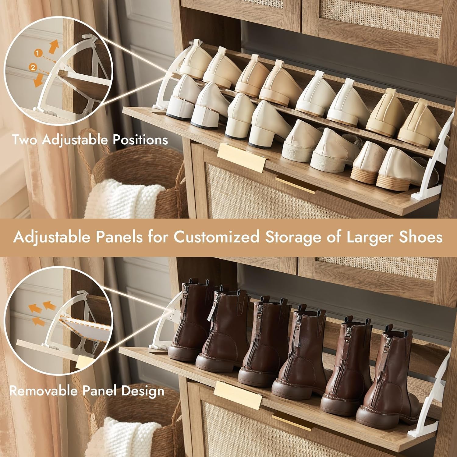 Close-up of adjustable and removable flip panel supporting boots, showing the two-position support hardware