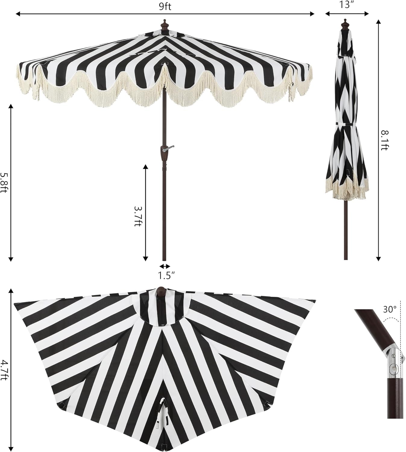 Diagram layout showing umbrella top shape, folded profile and a 30° tilt indicator with pole detail.