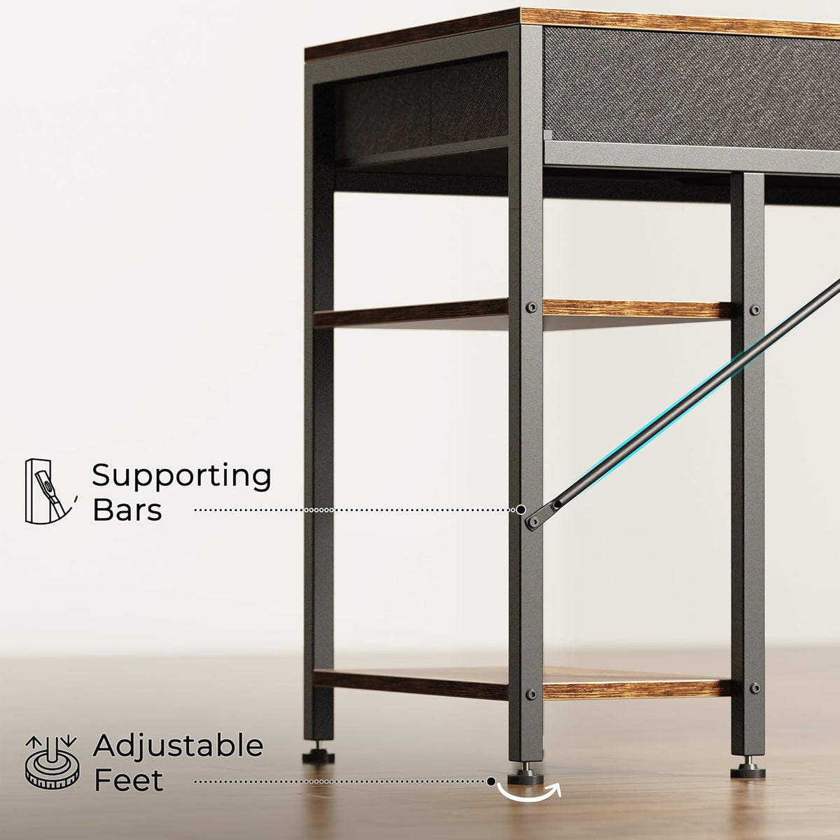 Close-up of the desk frame highlighting metal support bars and the adjustable leveling feet.