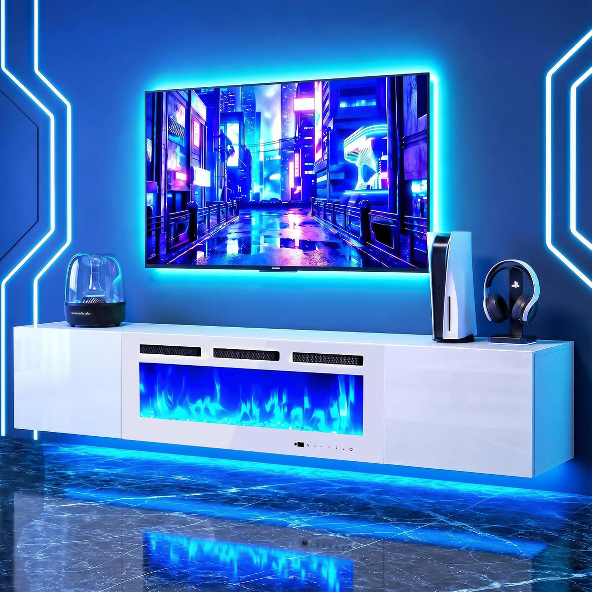 Wall-mounted TV above a glossy white floating console with a blue LED electric fireplace and floor reflection.
