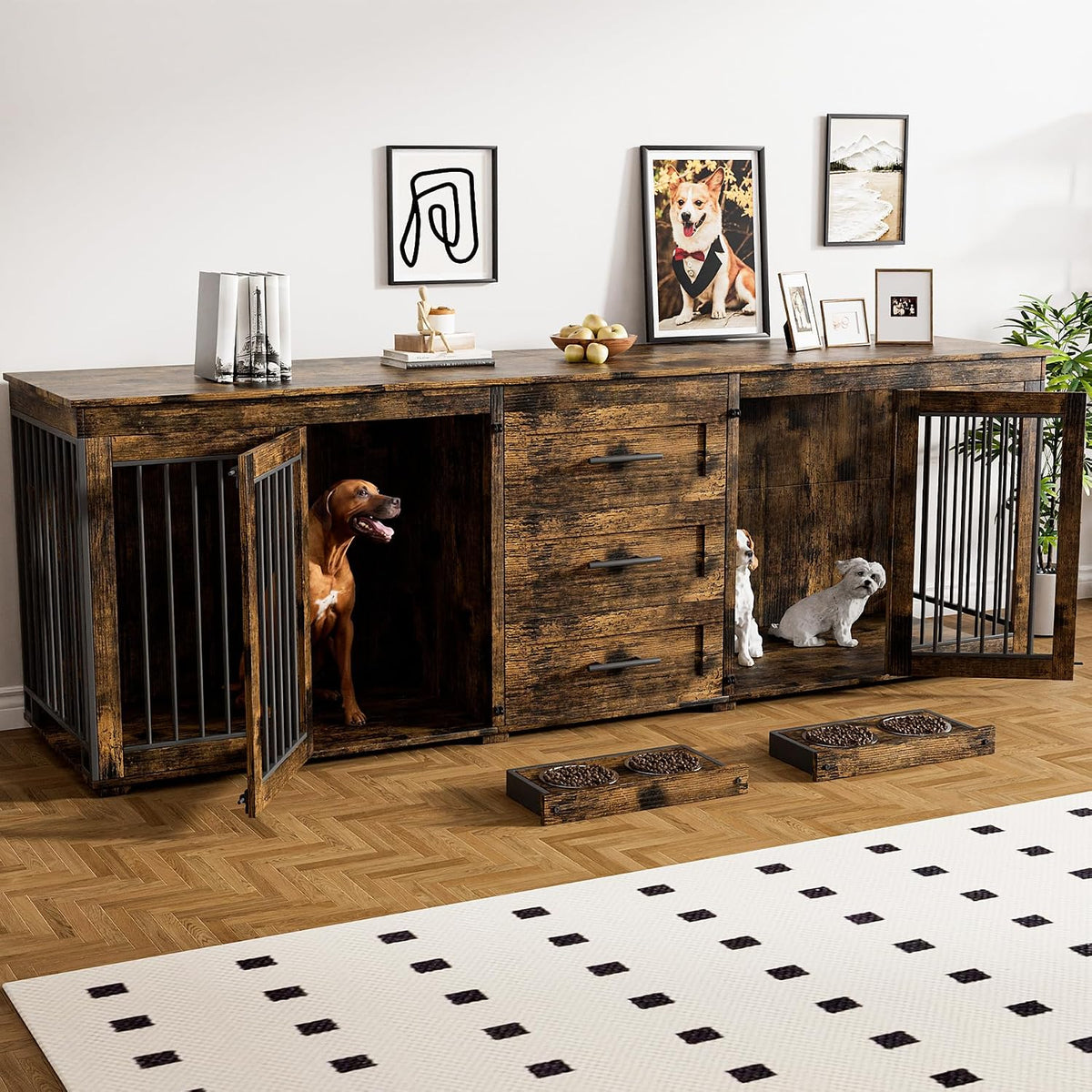 Rustic brown wooden double dog crate TV stand with open doors, large brown dog left and two small white dogs right.