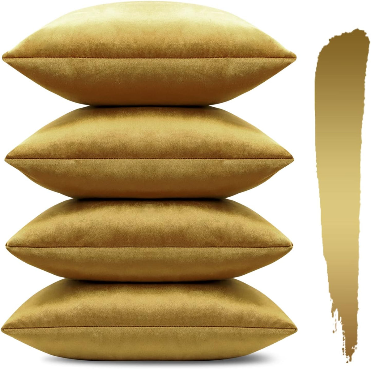 Four stacked gold velvet pillow covers shown from the side with a gold paint swatch at right