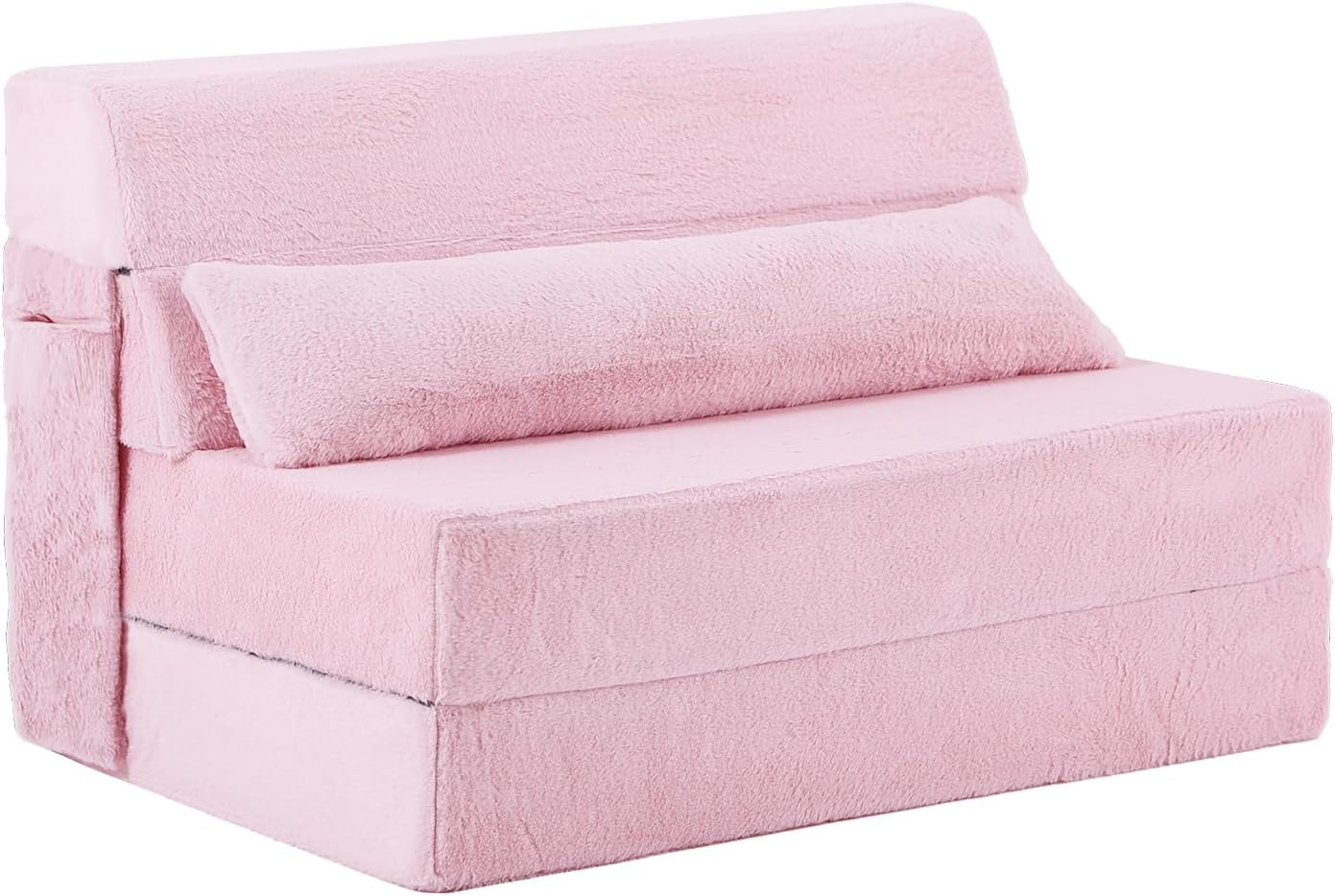 Pink folding sofa bed in chair position with matching long pillow